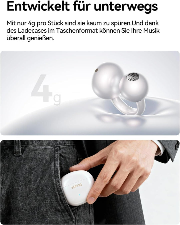 SANAG S7SUltra Open Ear Kopfhörer, Clip On Earbuds Kabellos Dyna HiFi, Bluetooth 6.0, 40H Spielzeit,