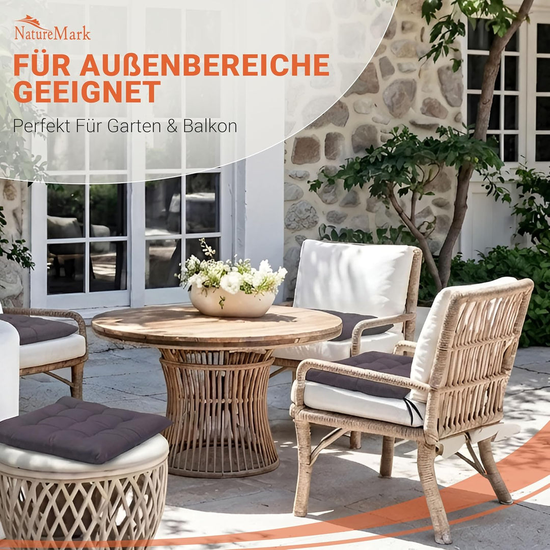 NatureMark 4er Set Stuhlkissen mit Bändern 40x40 cm – Gefüllte Sitzkissen, Outdoor & Indoor – Anthra
