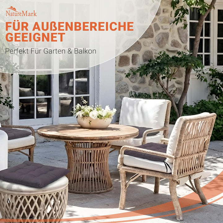 NatureMark 4er Set Stuhlkissen mit Bändern 40x40 cm – Gefüllte Sitzkissen, Outdoor & Indoor – Anthra