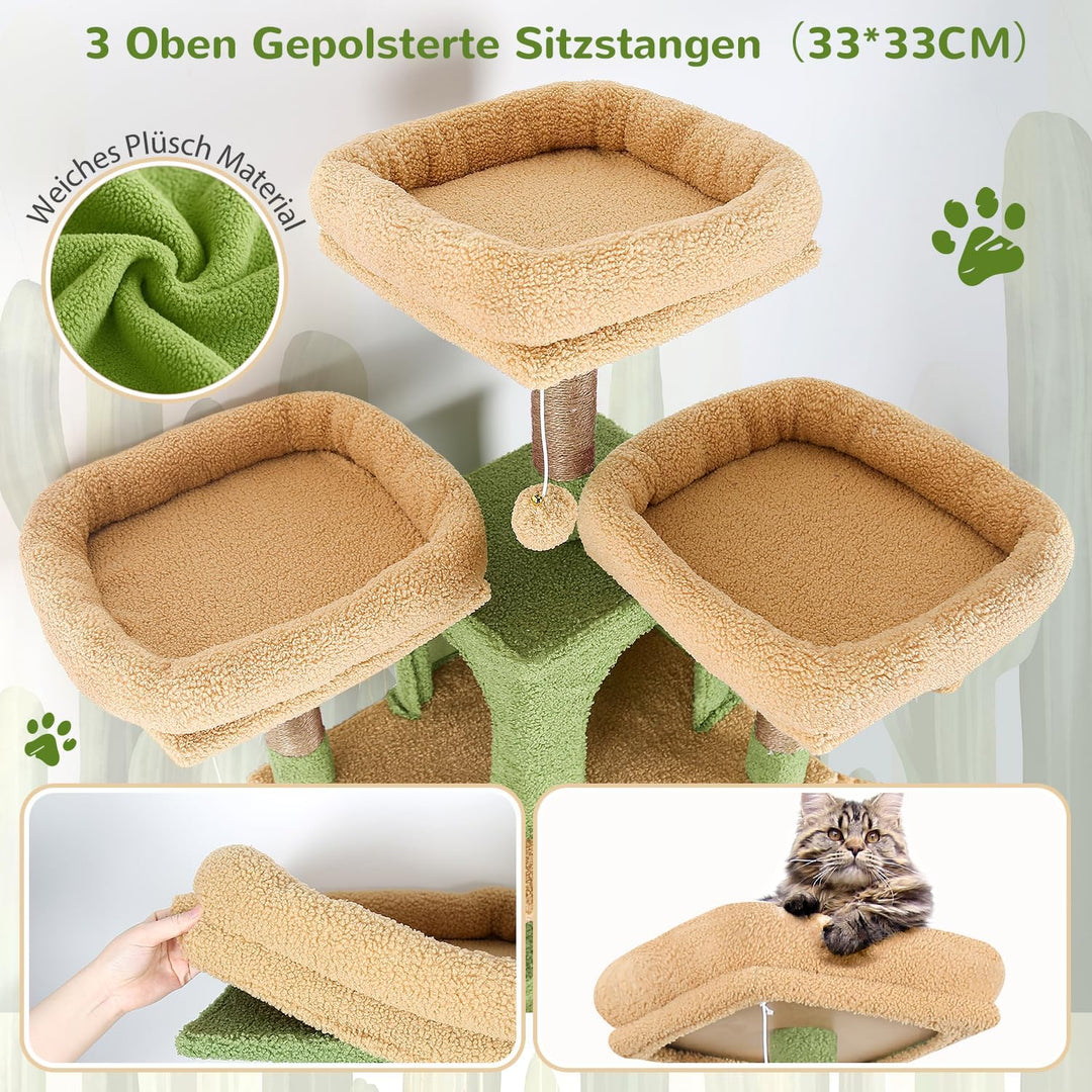 Globlazer Kratzbaum Grün Kaktus Stabil 174 cm mit 3 Gepolsterte Sitzstangen, 2 Katzenhaus, 2 Korb, A
