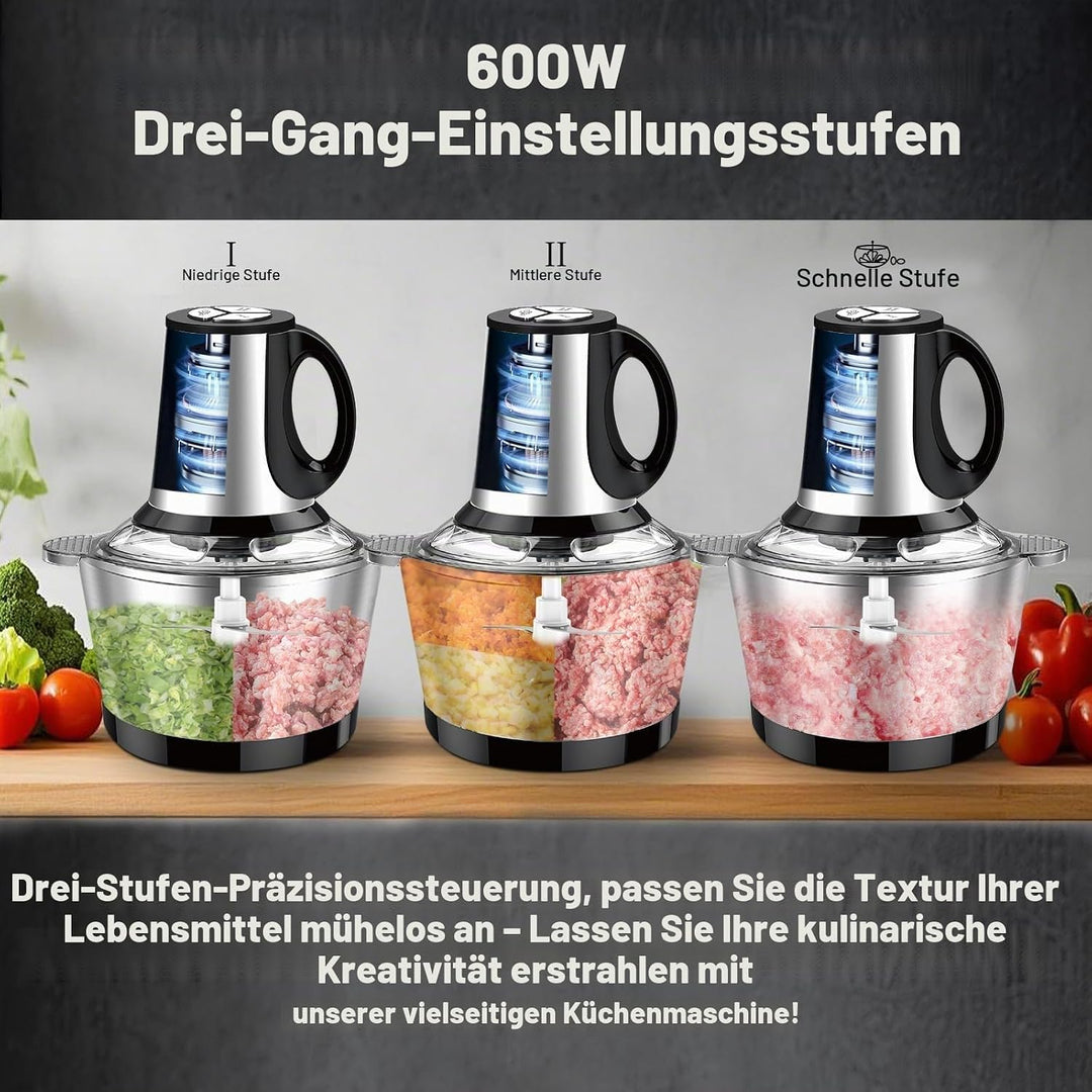 Elektrischer Zerkleinerer 600W, 2L Edelstahlschale 3 Geschwindigkeit Lebensmittelverarbeiter für Fle