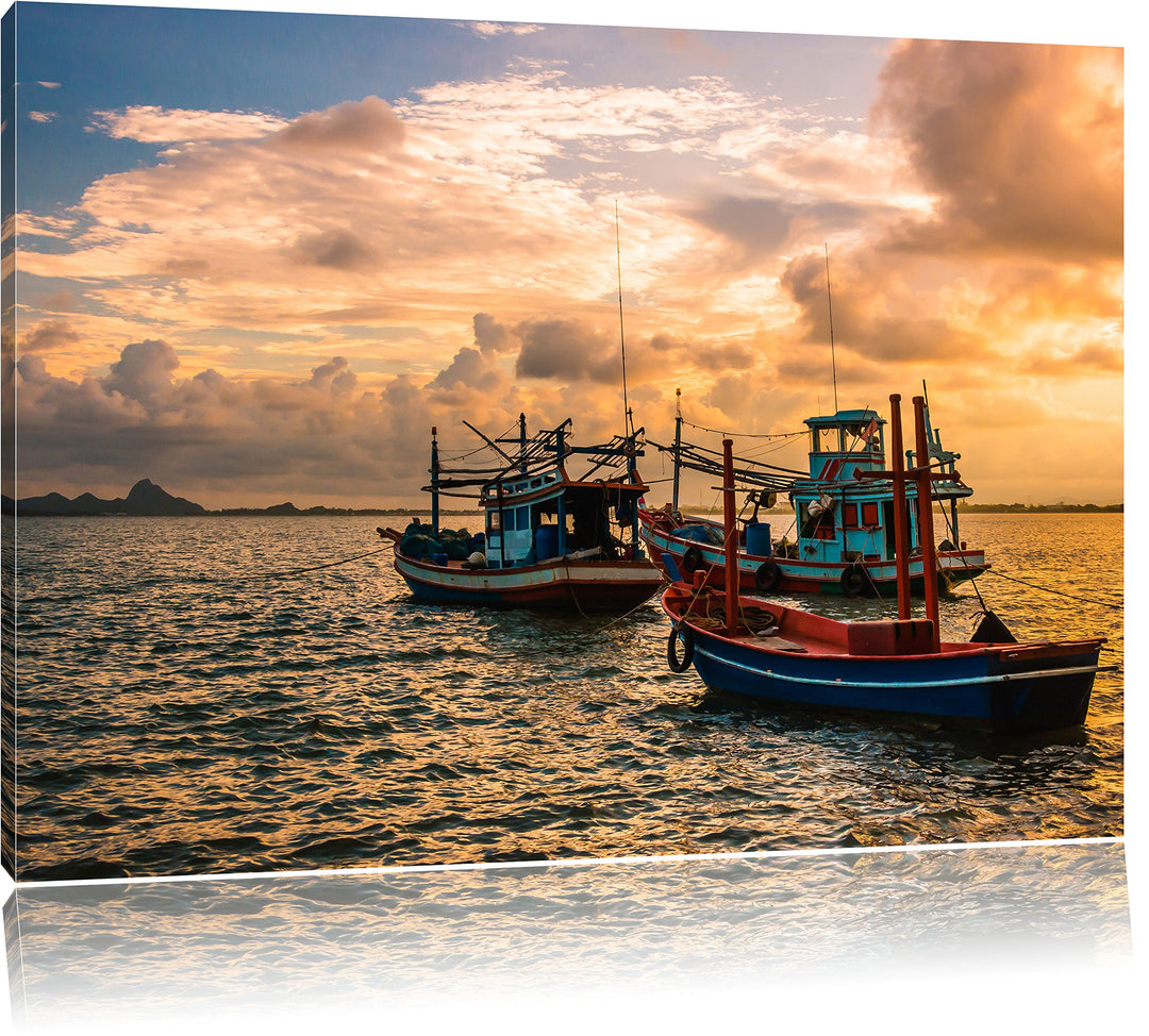 Pixxprint thailändische Fischerboote im Meer als Leinwandbild/Grösse: 100x70 cm/Wandbild/Kunstdruck/