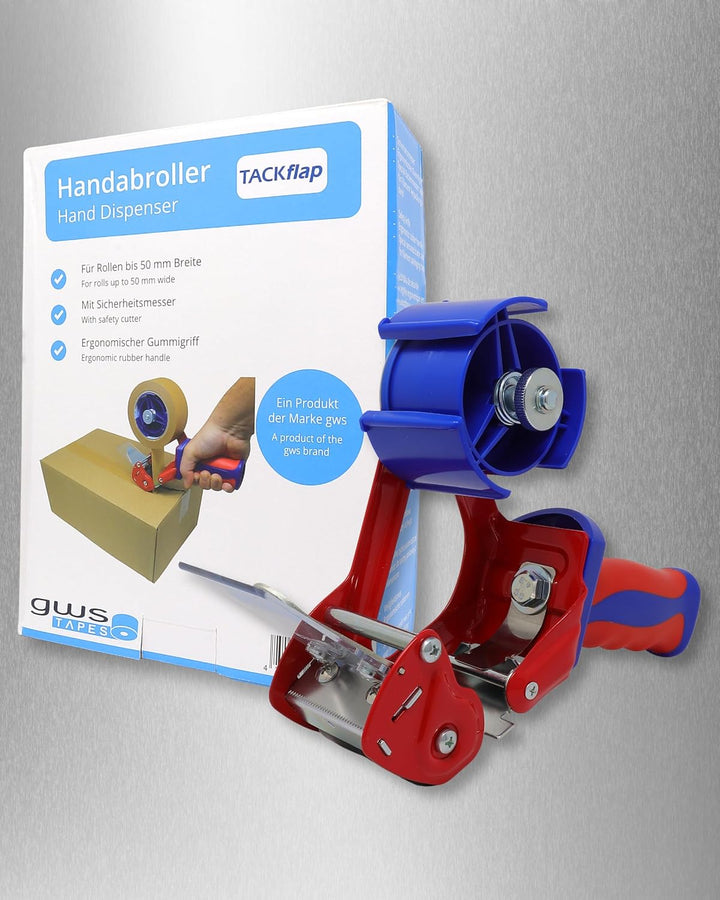 gws Packband Industrie Abroller in Rot-Blau, qualitativer Paketbandroller, für Rollen bis 66 m x 50