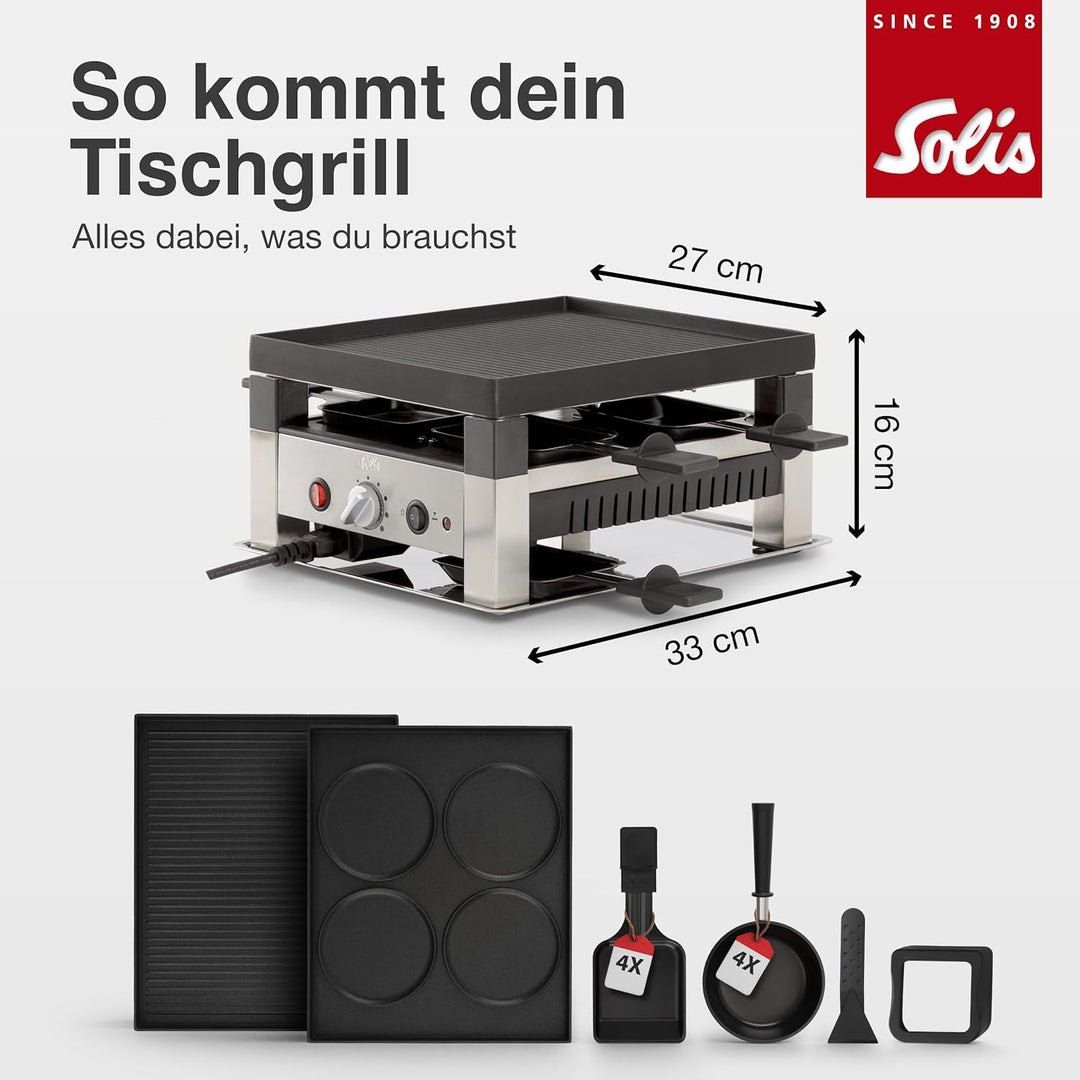 Solis 5in1 Tischgrill, Elektrischer Grill, Indoor Grill mit Raclette- und Mini-Wok-Pfännchen, Elektr