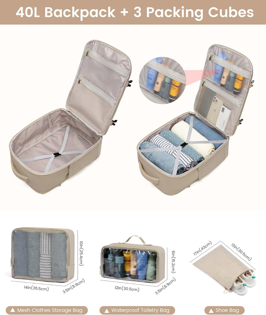 LOVEVOOK Handgepäck Rucksack Flugzeug, 40L Reiserucksack Damen Gross, Wasserdicht Laptop Rucksack Da