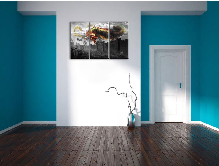 Pixxprint Drache über der Festung als Leinwandbild/Grösse: 3 Teilig (120x80 cm) cm/Wandbild/Kunstdru
