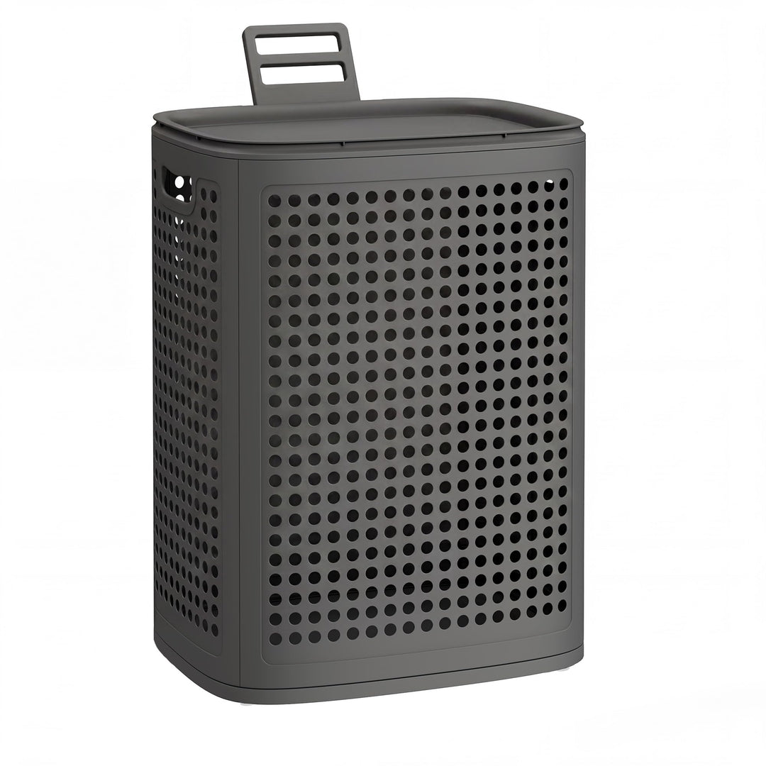 SONGMICS Wäschekorb mit Deckel, Wäschesammler Plastik, 75 L, Wäschetonne schmal, Wäschebox platzspar