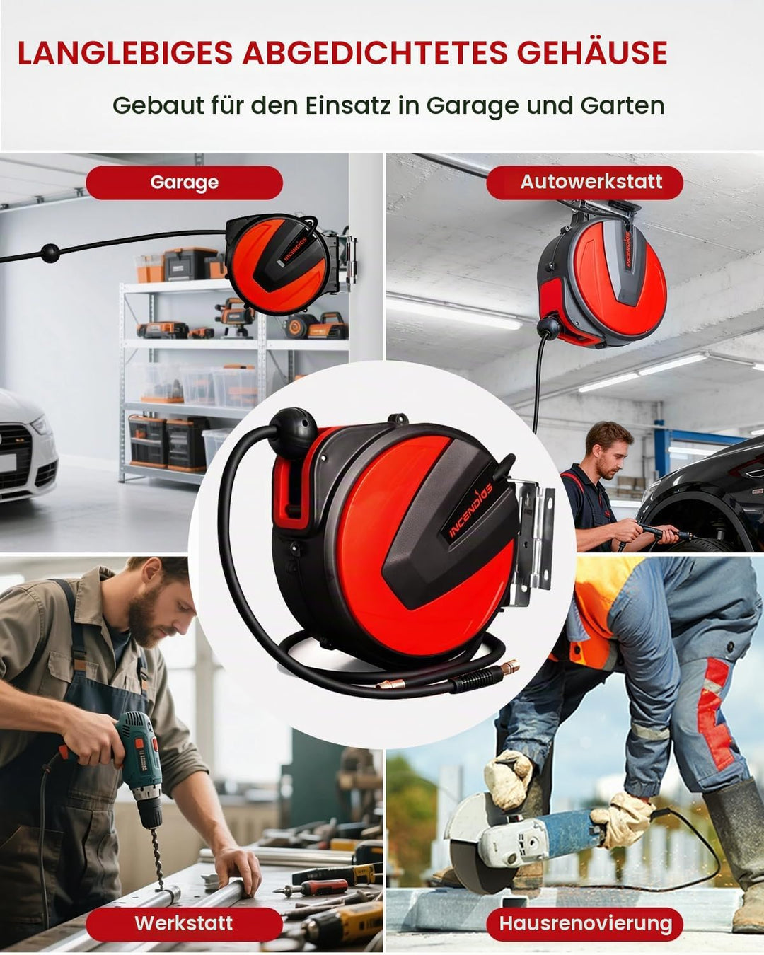 INCENDIOS Automatische Druckluftschlauchtrommel 15m, 3/8" Anschluss inkl. 1/4" Adapter, 20 BAR Druck