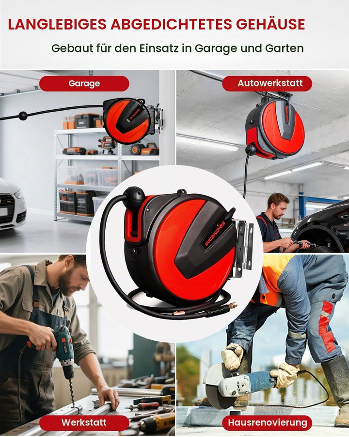 INCENDIOS Automatische Druckluftschlauchtrommel 15m, 3/8" Anschluss inkl. 1/4" Adapter, 20 BAR Druck