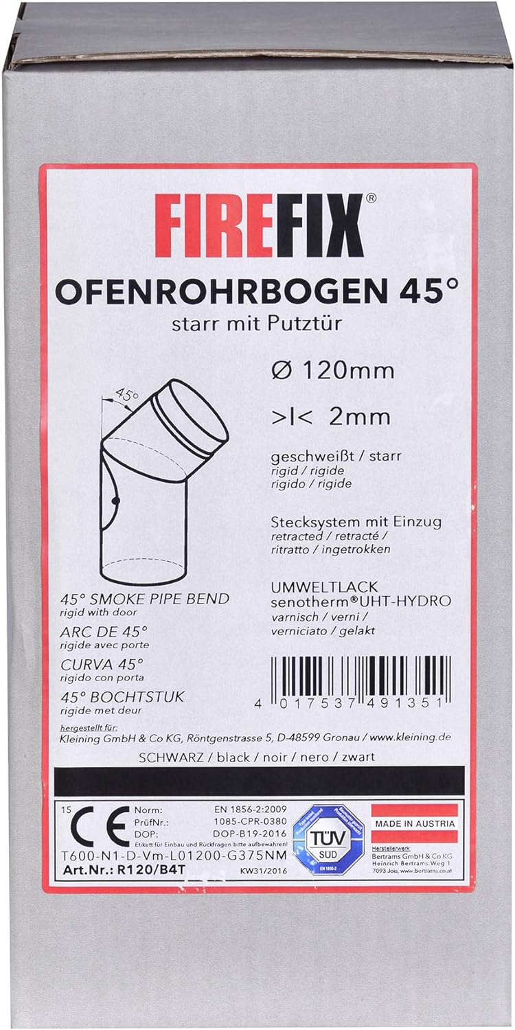 FIREFIX R120/B4T Ofenrohrbogen aus 2 mm starken Stahl (Rauchrohr) in 120 mm Durchmesser, für Kaminöf
