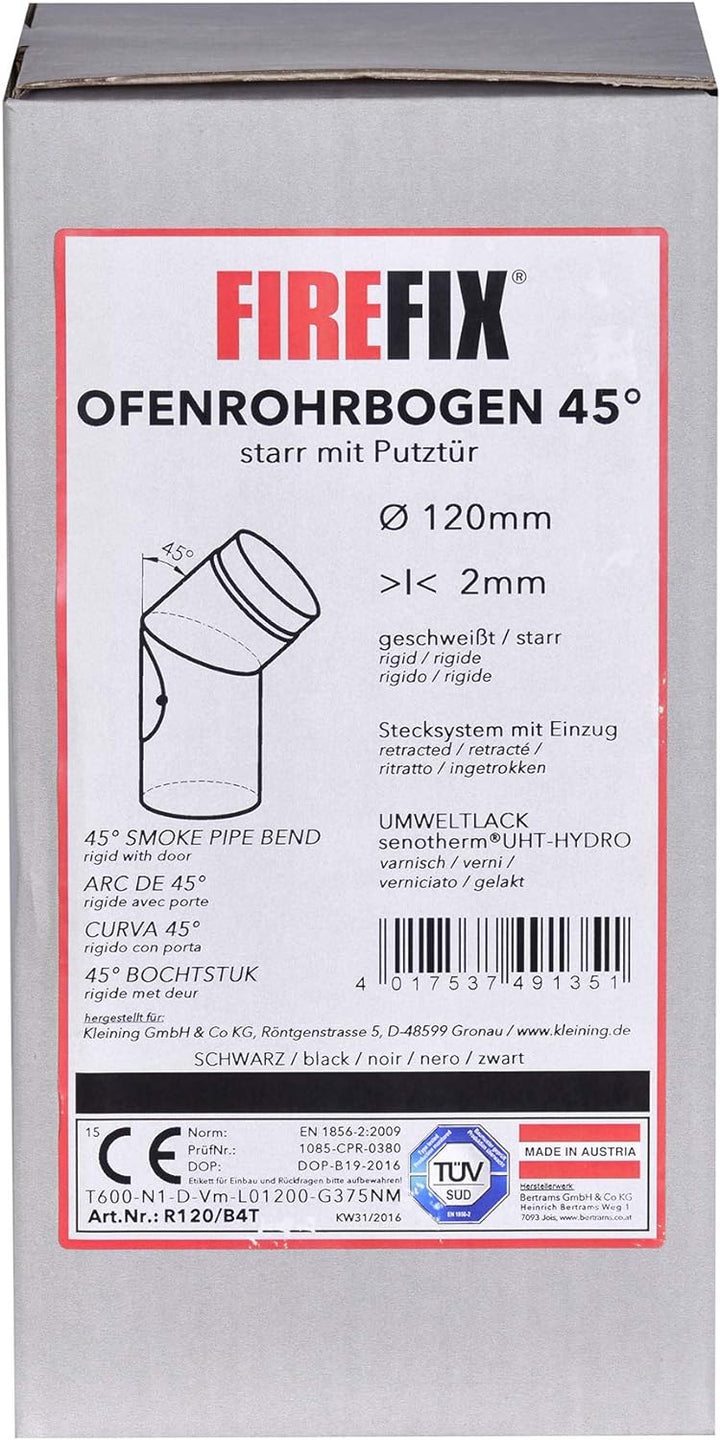 FIREFIX R120/B4T Ofenrohrbogen aus 2 mm starken Stahl (Rauchrohr) in 120 mm Durchmesser, für Kaminöf
