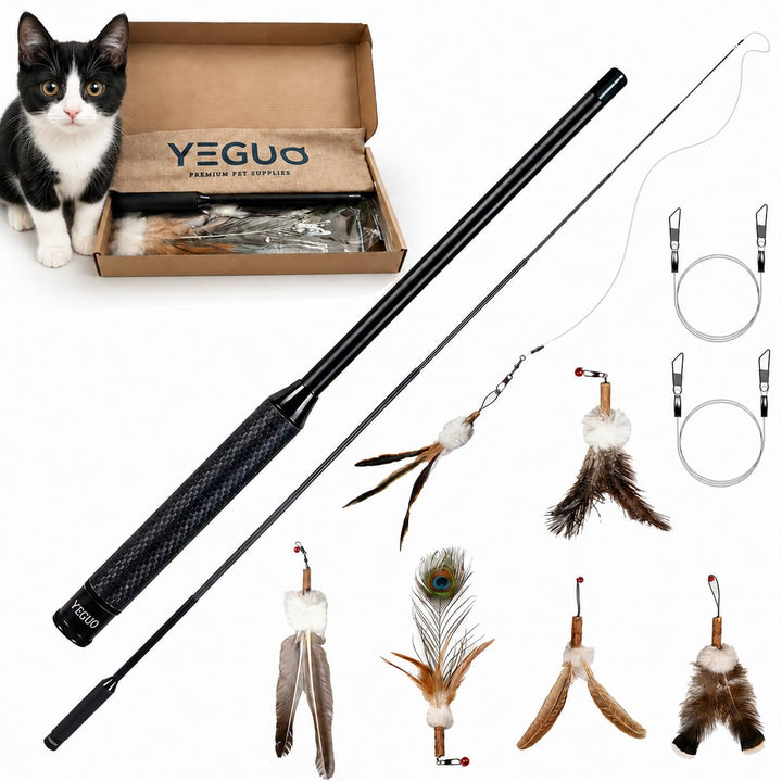 YEGUO Katzenangel stabil & lang (142cm) - Interaktives Katzenspielzeug Angel Set aus Carbon mit 6 Na