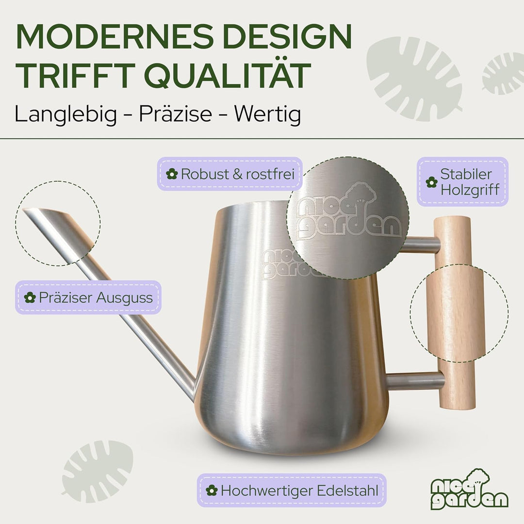 Edelstahl Giesskanne 1L | Design Blumengiesskanne mit Holzgriff | extra stabil & stilvoll | perfekt