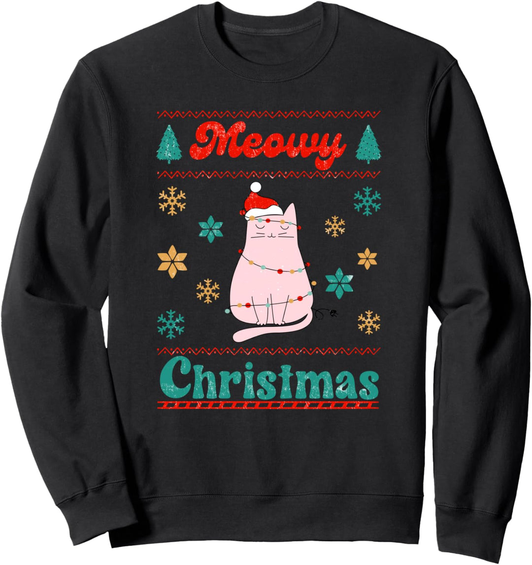 Meowy Catmas Weihnachtskatze mit Weihnachtsmütze und Weihnachtsbeleuchtung Sweatshirt