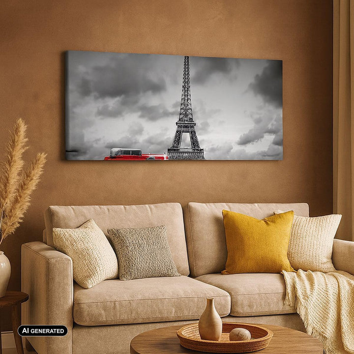 Panorama Bilder auf Leinwand Auto Eiffle Paris Stadt Leinwandbild 90x30cm Wandbilder Dekoration Wohn