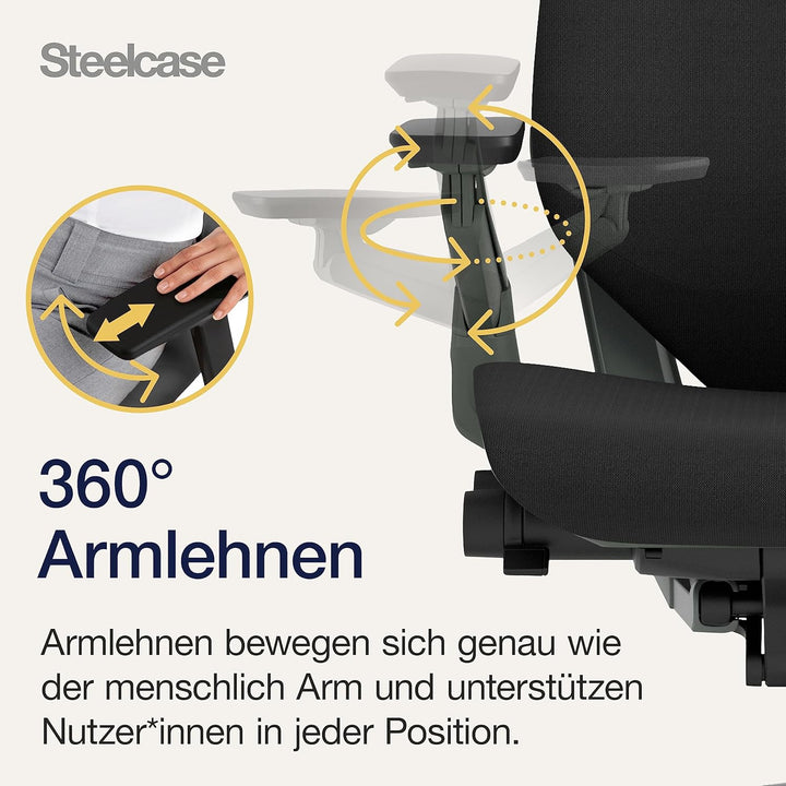 Steelcase Gesture Ergonomischer Bürostuhl mit 360° Armlehnen und 3D-Live Back Lumbalstütze Onyx Schw