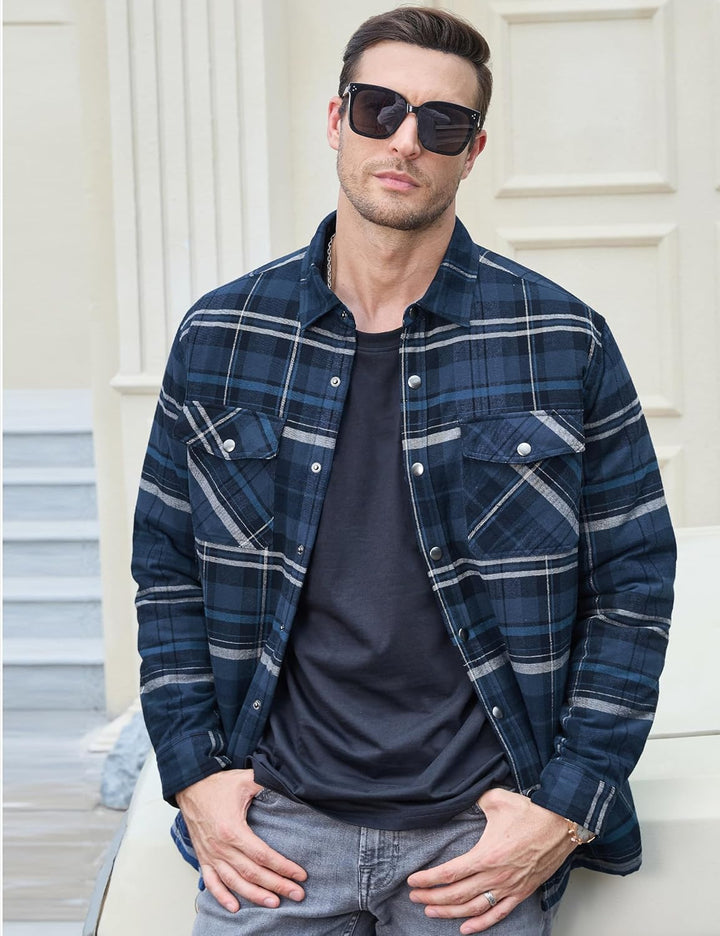 TACVASEN Herren Karierte Hemdjacke Flanellhemd Holzfällerhemd Thermohemd Jacke S Blau Grau, S Blau G