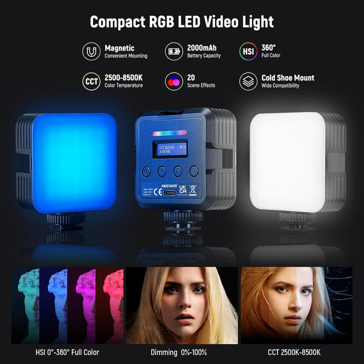 NEEWER Vlogging Set für Handy mit RGB LED Licht/Lavalier Funkmikrofon System/Mini Stativ/Handy Käfig