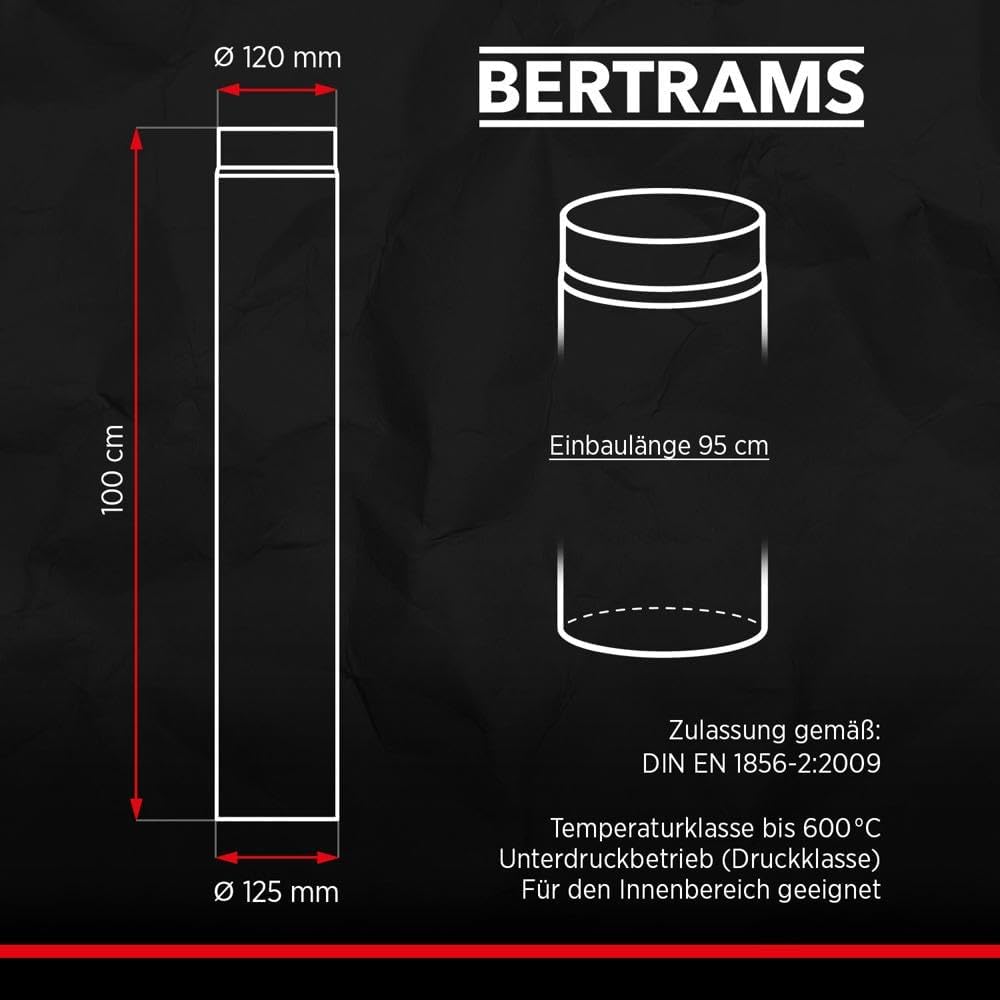 BERTRAMS Ofenrohr 120mm Ø 100 cm Schwarz | Stahlrohr mit 95cm Einbaulänge | Feuerrohr Stahlblech 2mm