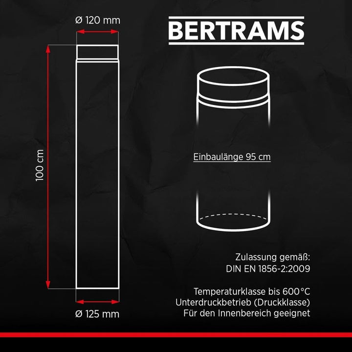 BERTRAMS Ofenrohr 120mm Ø 100 cm Schwarz | Stahlrohr mit 95cm Einbaulänge | Feuerrohr Stahlblech 2mm