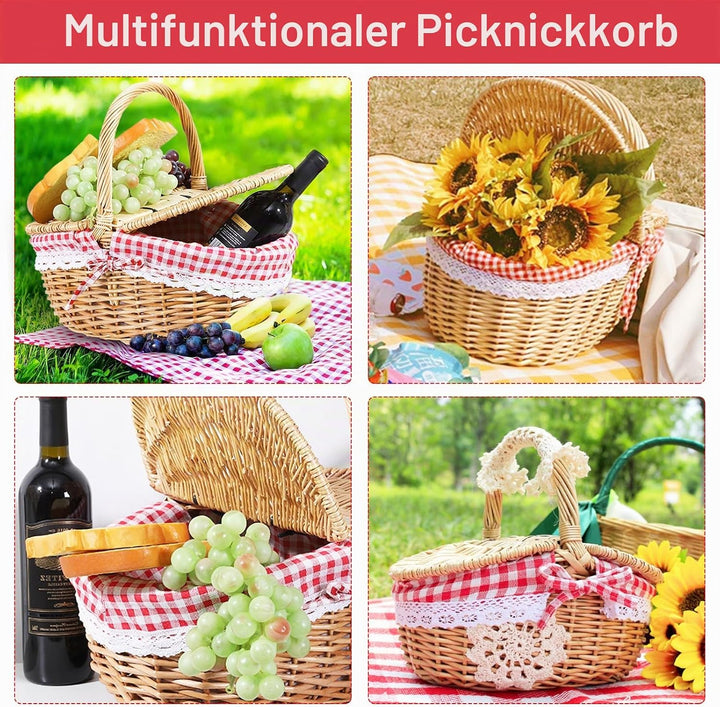 Weide Picknickkorb, Tragbarer Picknickkorb für den Aussenbereich mit Deckel und Griff, Geflochtener