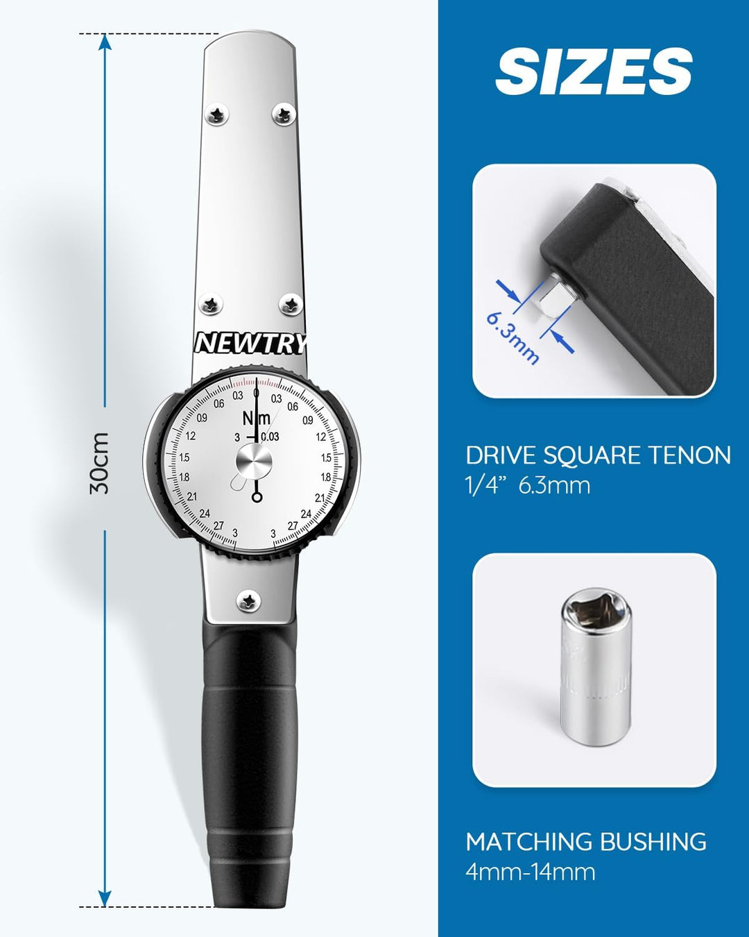 NEWTRY Drehmomentschlüssel Dynamometer Drehmomentmesser Digitaler Zeiger Kraftmessgerät (0.3-3Nm), 0