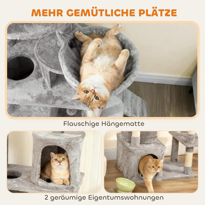 PawHut Kratzbaum 170cm Katzenturm mit Höhle 2 Plüschballen Tunnel Hellgrau | Sisalstämme, Leiter, Pl