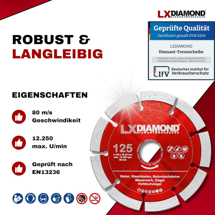 LXDIAMOND 2x Diamant-Trennscheibe 125mm x 22,23mm Beton Stein Ziegel Mauerwerk passend für Diamantfr