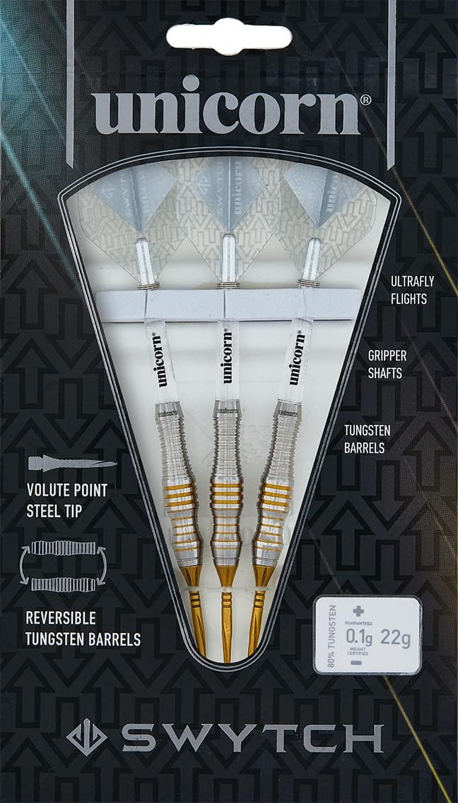 Unicorn Steel Tip Darts Set | Swytch | 80% Natural Tungsten Barrels with Black, Blue, Golden or Ross