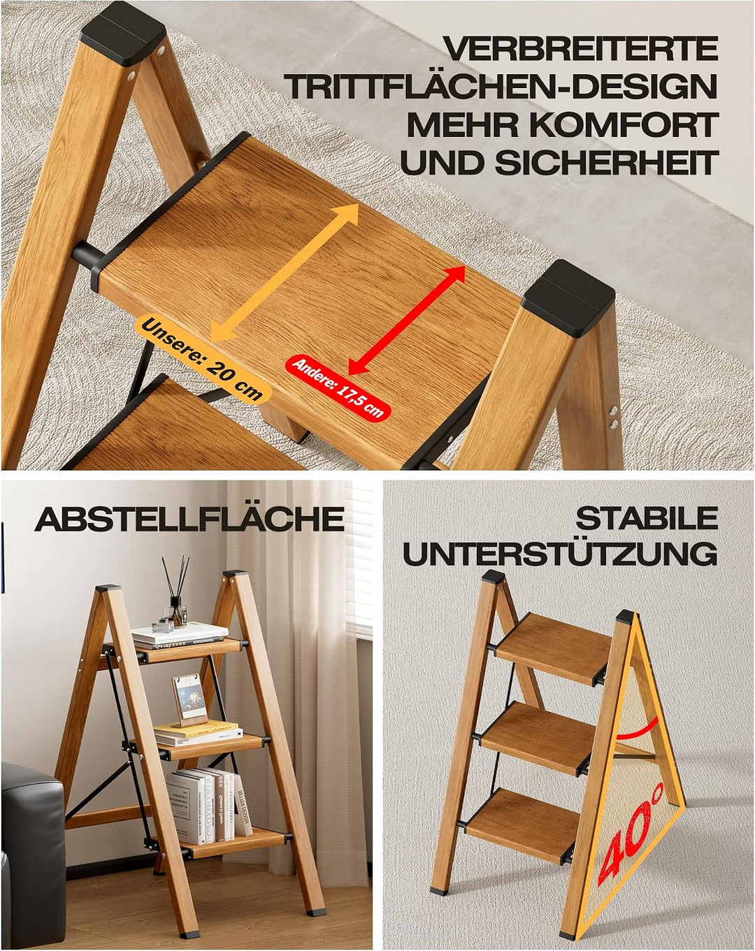 Trittleiter 3 Stufen klappbar,Tritthocker aus Aluminium | 150 kg Tragfähigkeit,Leiter mit rutschfest