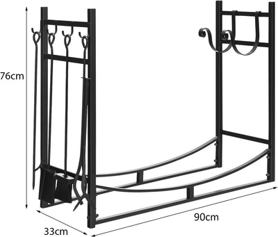 COSTWAY Kaminholzregal mit 4 tlg. Kaminbesteck Set, Brennholzregal Metall Kaminholzständer Kaminzube