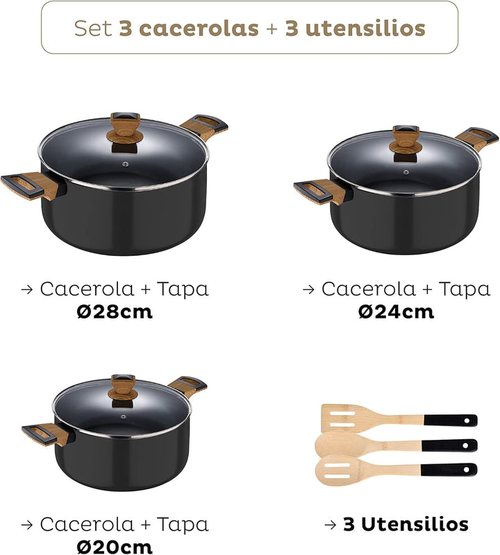SAN IGNACIO Earth | Juego de Cocina | Kochgeschirrset de 9 Piezas con 3 Cacerolas y 3 Utensilios | F