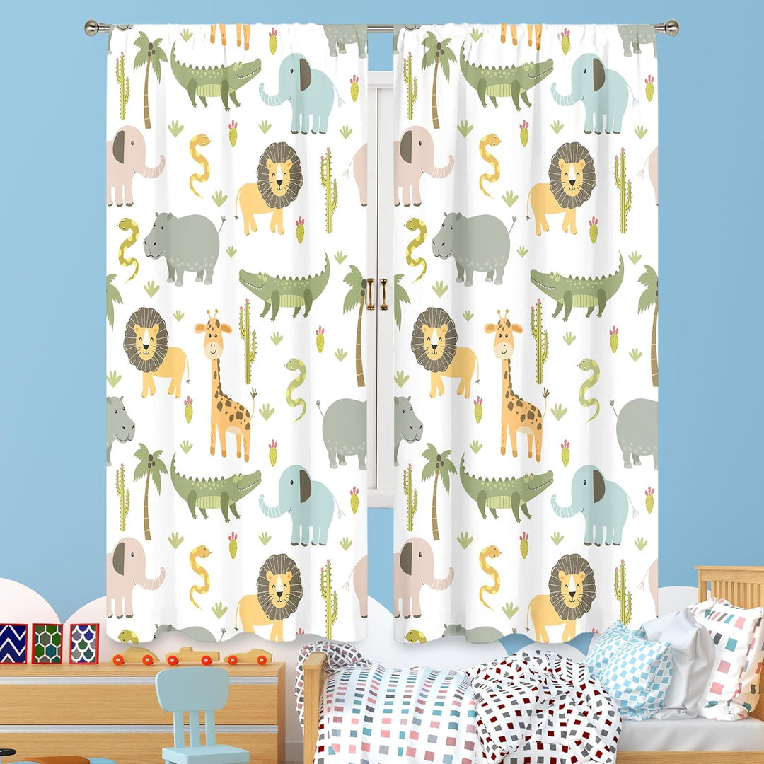 Meshelly Vorhänge für Kinderzimmer, Safari-Tiere, 107x160 cm, Stangentasche, Baby, Jungen, Kinder, W