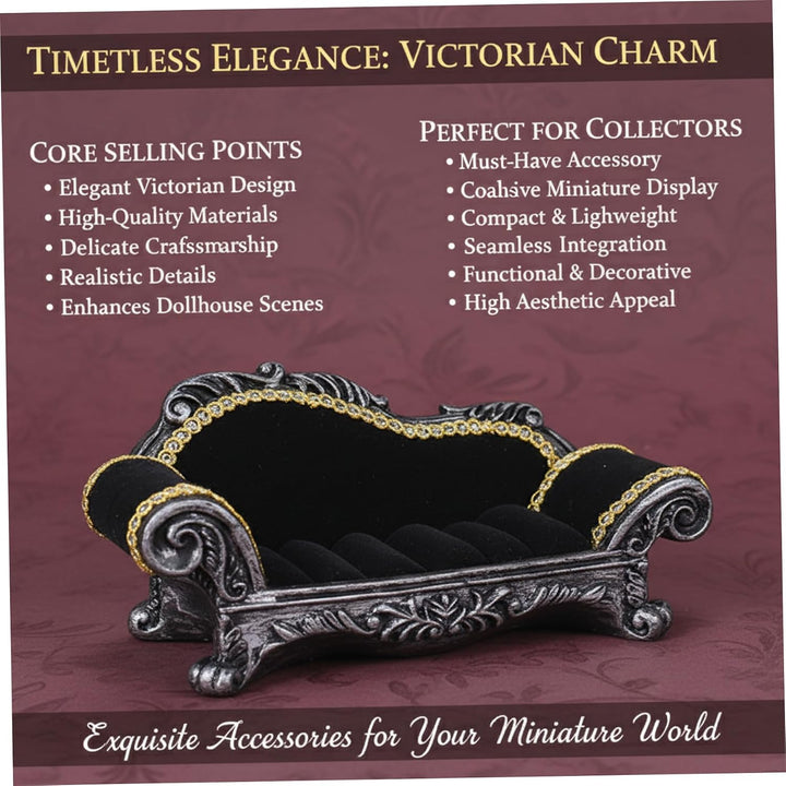 Puppenhausmöbel, Puppenhauscouch, 1:12 schwarzes viktorianisches Sofa, Wohndekoration, Ornament, L,