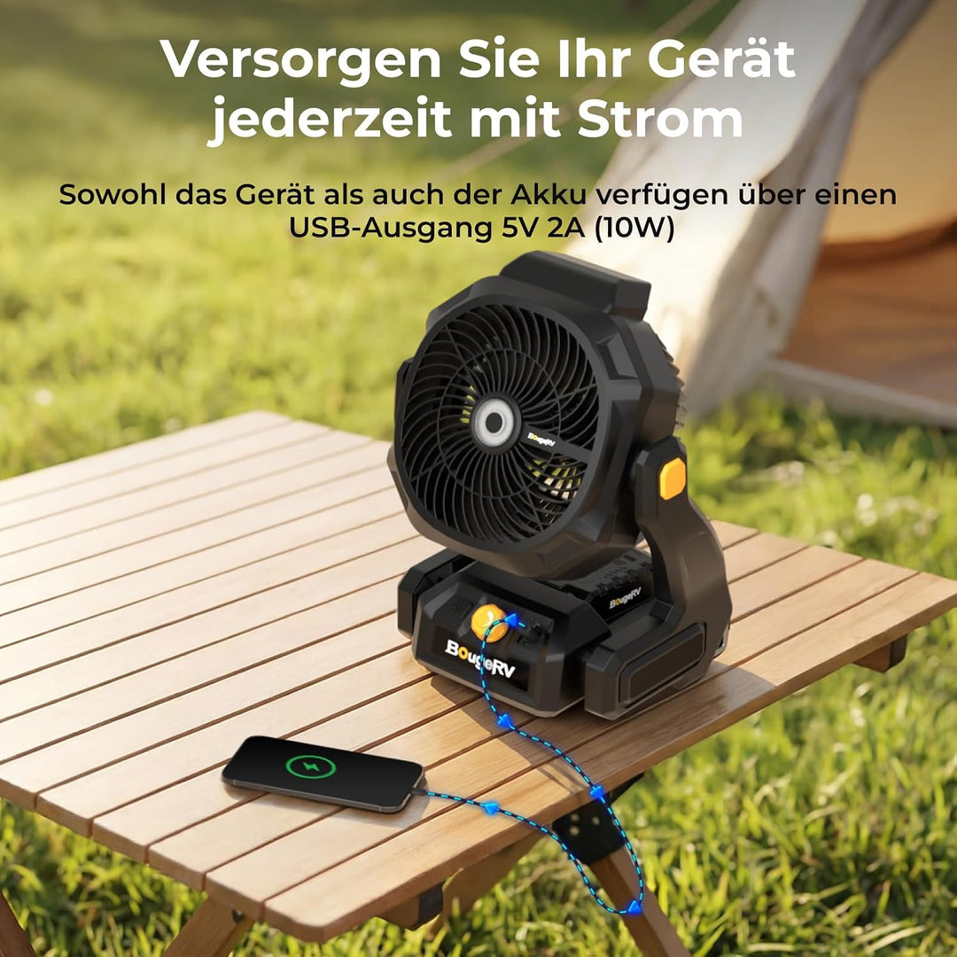 BougeRV F02 Camping Ventilator mit Akku 72 Std. Stufenlos 7,5m/s, AC/DC | 144Wh Akku Laufzeit, Tragb
