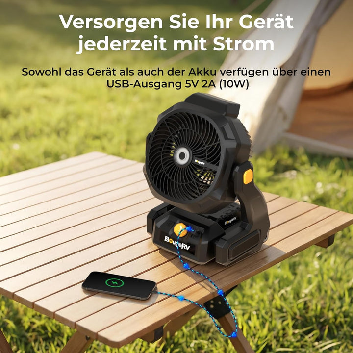 BougeRV F02 Camping Ventilator mit Akku 72 Std. Stufenlos 7,5m/s, AC/DC | 144Wh Akku Laufzeit, Tragb