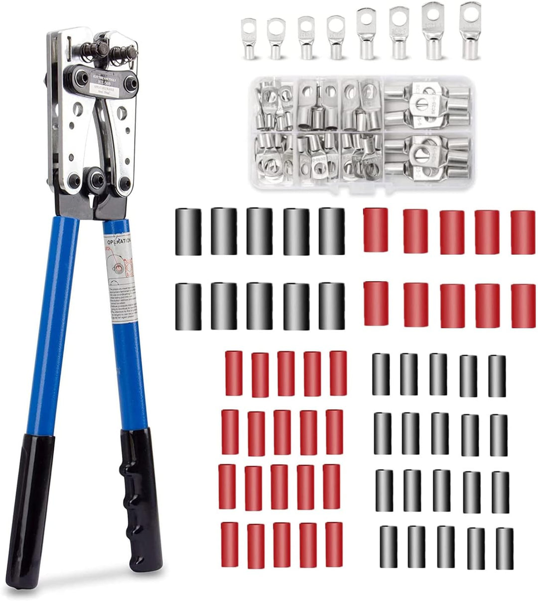 Crimpzange,Kabelschuhe Set,HX-50B Batteriekabel-Crimpwerkzeug+ 60 Kupferringklemmen & Schrumpfschläu