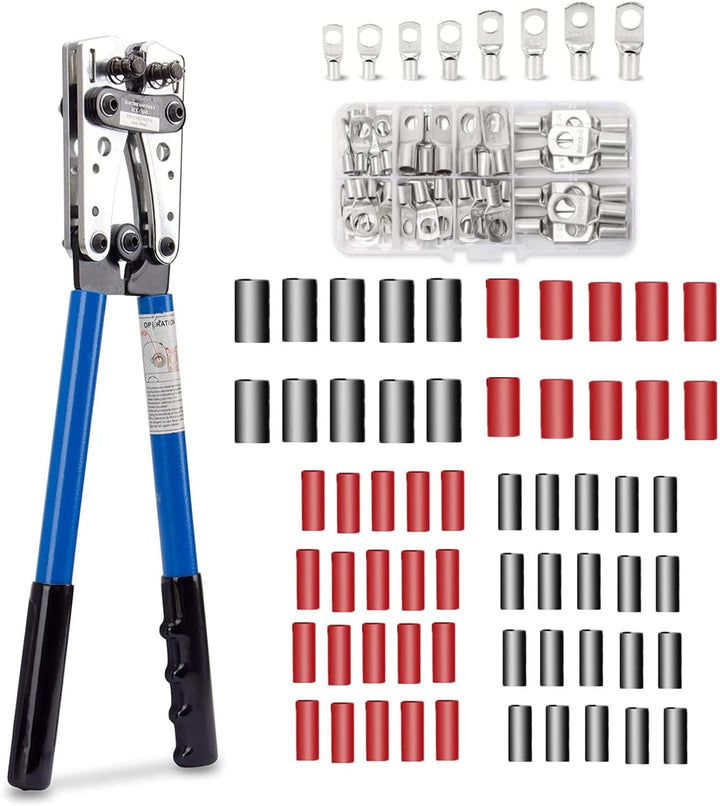 Crimpzange,Kabelschuhe Set,HX-50B Batteriekabel-Crimpwerkzeug+ 60 Kupferringklemmen & Schrumpfschläu