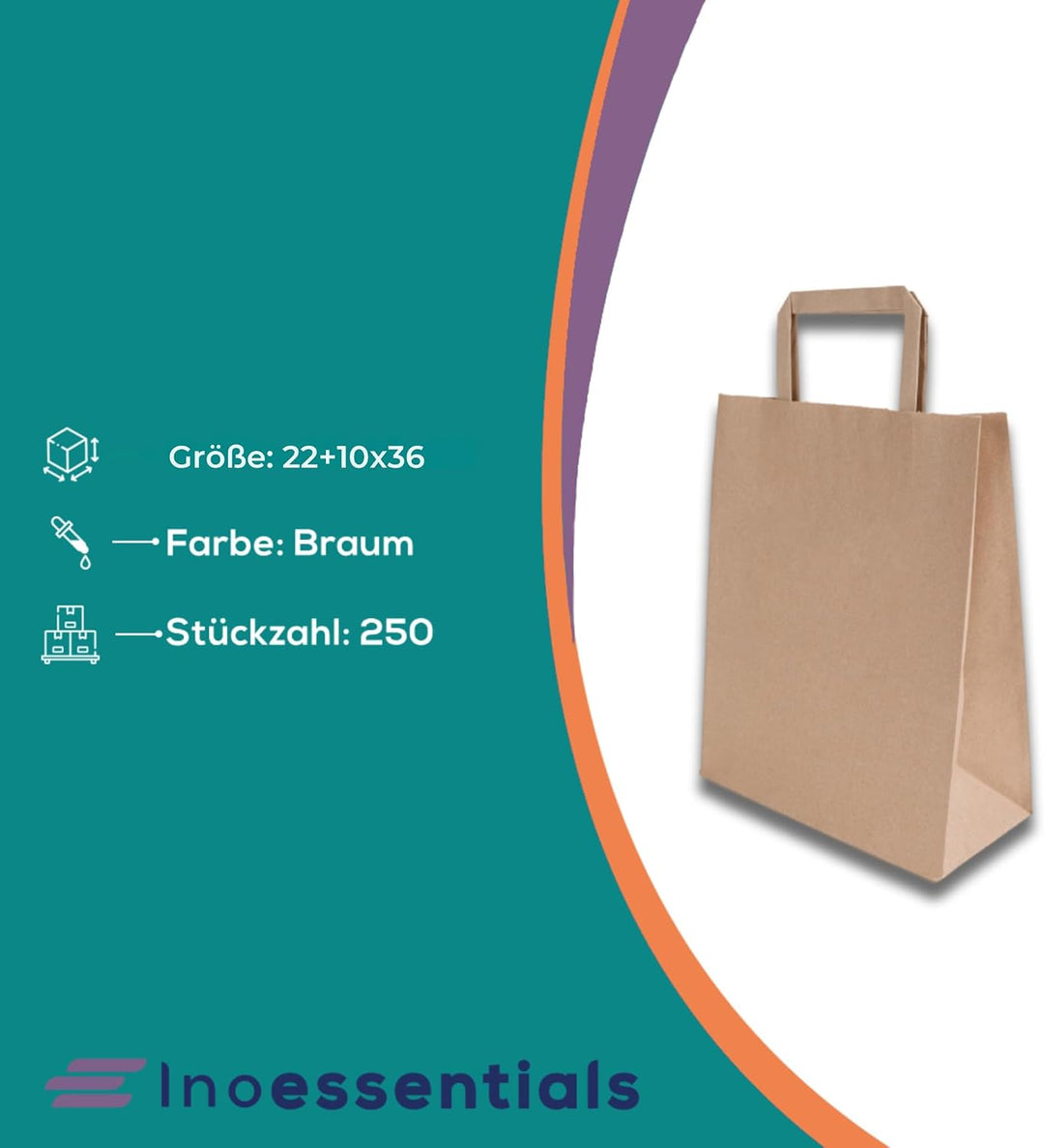 Inoverse Papiertüten mit Henkel 22+10x36 cm, Papiertragetaschen 250 Stück | Papiertaschen, Kraftpapi