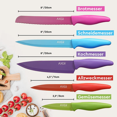 Axer Scharfe Messer Set für Küche - 5-teilig Küchen Messerset Bunt - Sehr Scharfe Küchenmesser Set P