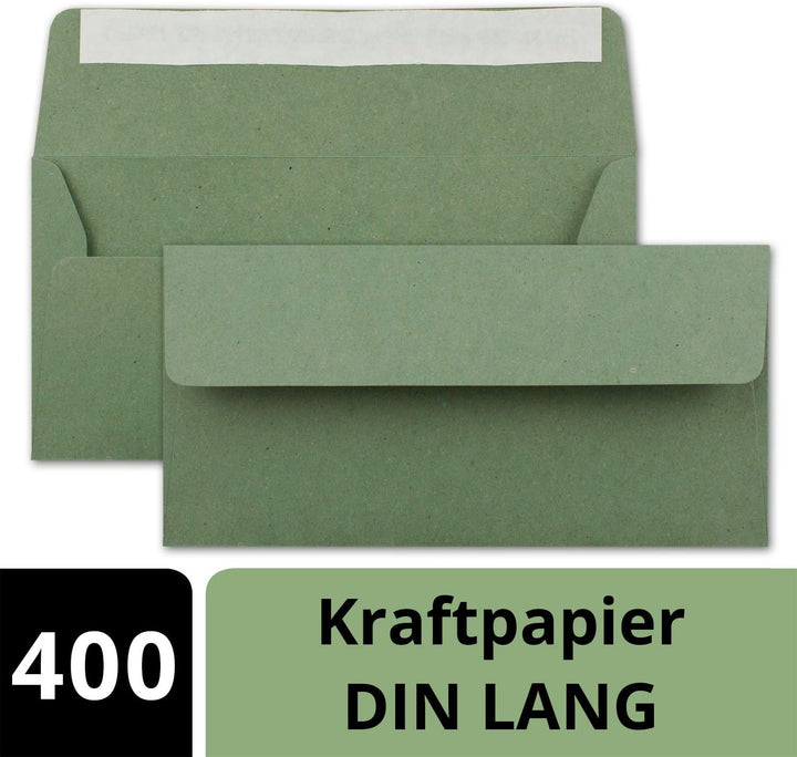 400x Kraftpapier-Umschläge DIN Lang - Grün - Haftklebung 11 x 22 cm - Brief-Umschläge aus Recycling-