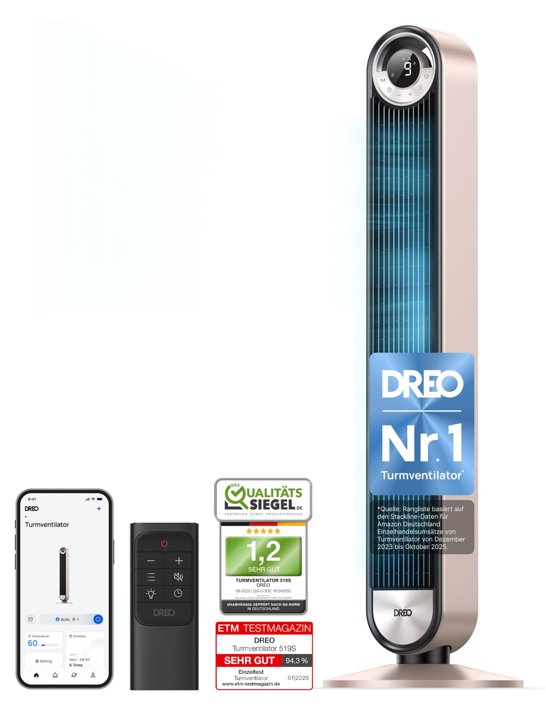 Dreo 25dB Smart Leiser Turmventilator mit Kühlung, 106cm WiFi Alexa Tower Fan, 90° oszillierender Ve