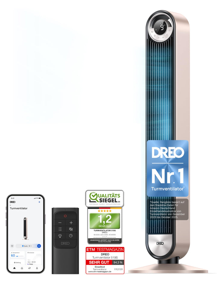Dreo 25dB Smart Leiser Turmventilator mit Kühlung, 106cm WiFi Alexa Tower Fan, 90° oszillierender Ve