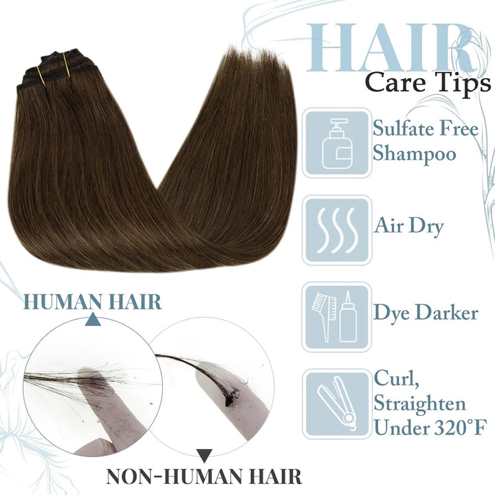 RUNATURE Clip in Extensions Echthaar Mittelbraun Remy Extensions Clips in Echthaar Doppelt Tressen E