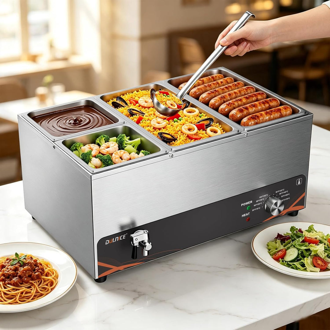 DULNICE Bain Marie Speisewärmer Elektrische Edelstahl 1500W 4 GN-Behältern Wasserbad mit Ablaufhahn,