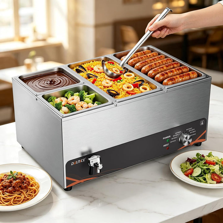 DULNICE Bain Marie Speisewärmer Elektrische Edelstahl 1500W 4 GN-Behältern Wasserbad mit Ablaufhahn,