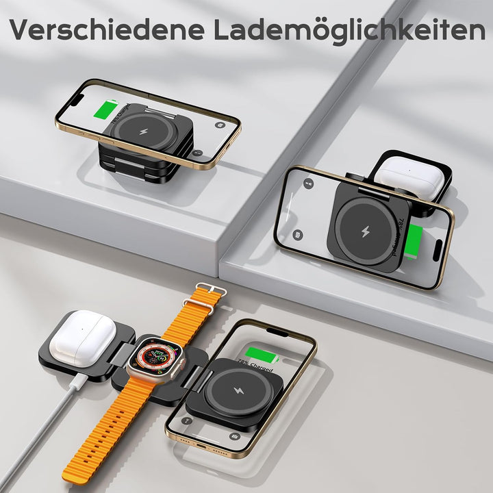 KU XIU Induktive Ladestation Kompatibel mit Magsafe Ladegerät,3-in-1 Ladestation für iPhone 17/16/15