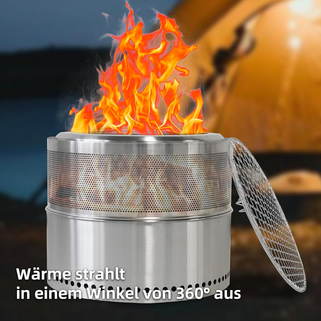 Feuerschale Edelstahl 50cm, Rauchfreie Feuerschale mit Grillrost, Aufbewahrungstasche, Abnehmbarer A