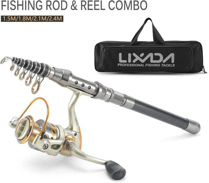 Lixada Teleskop Angelrute und Spule Combo Kit mit 100M Angelschnur Köder Haken Jigkopf und Fischen T