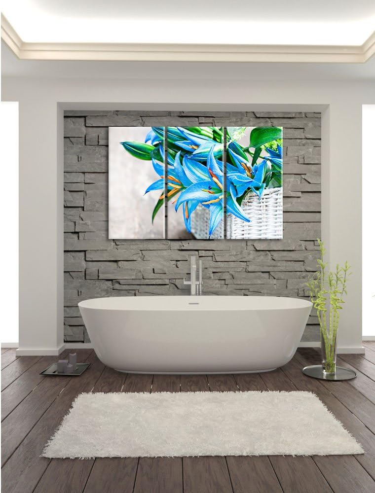Pixxprint schöne Blaue Blumen im Körbchen / 3-Teilig/Gesamtmass 120cm Leinwandbild bespannt auf Holz